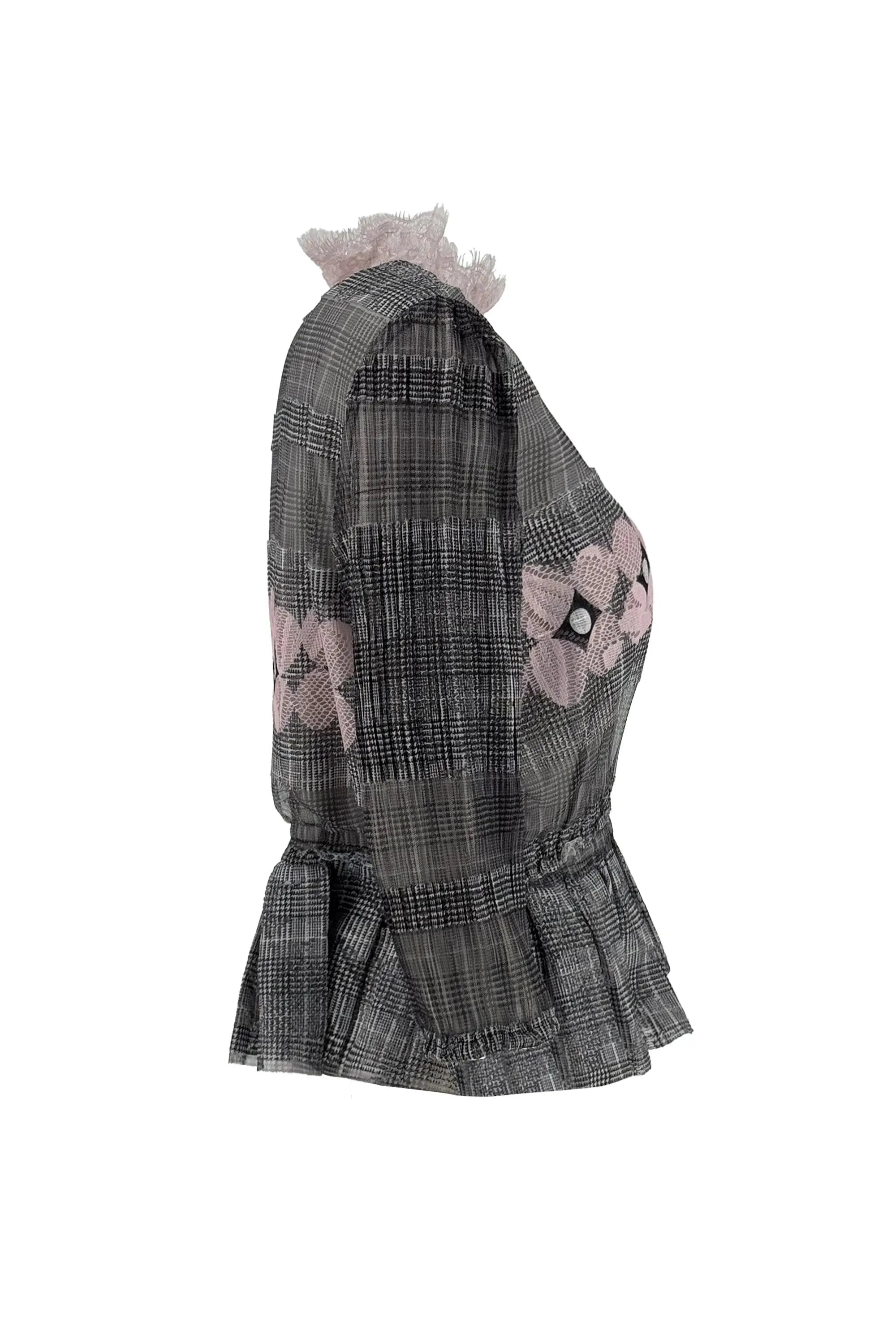 Stylish Ensemble: Plaid Sheer Peplum Top with Asymmetric - hem Pink Trousers ULA